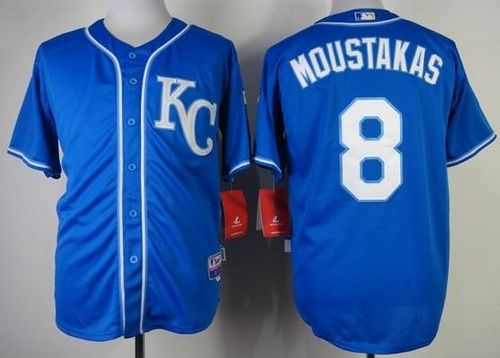 Royals #8 Mike Moustakas Blue Alternate 2 Cool Base Stitched MLB Jersey - Click Image to Close